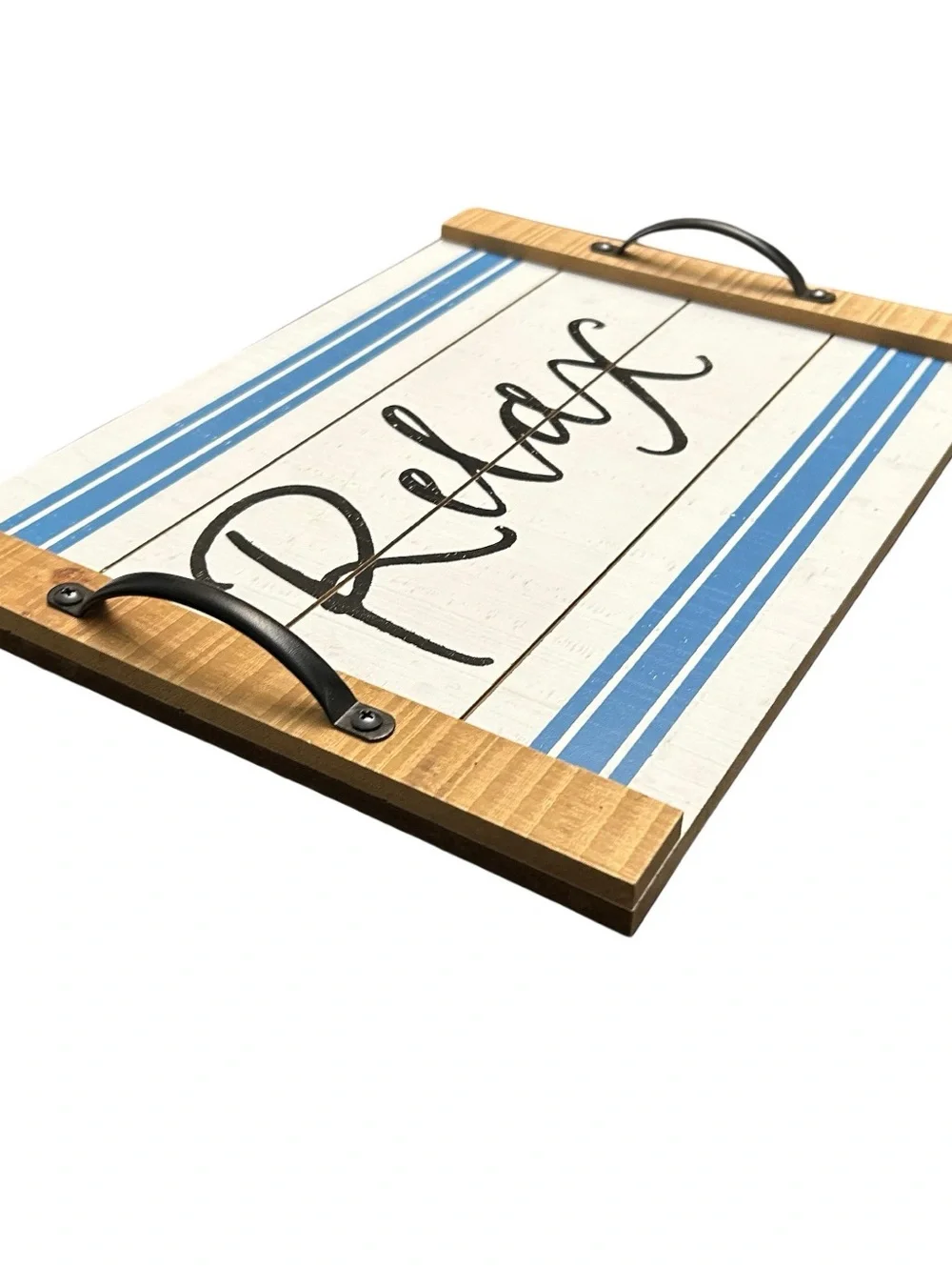 Rustic Wooden Serving Tray 15”x11” “Relax” Distressed Farmhouse Metal Handles